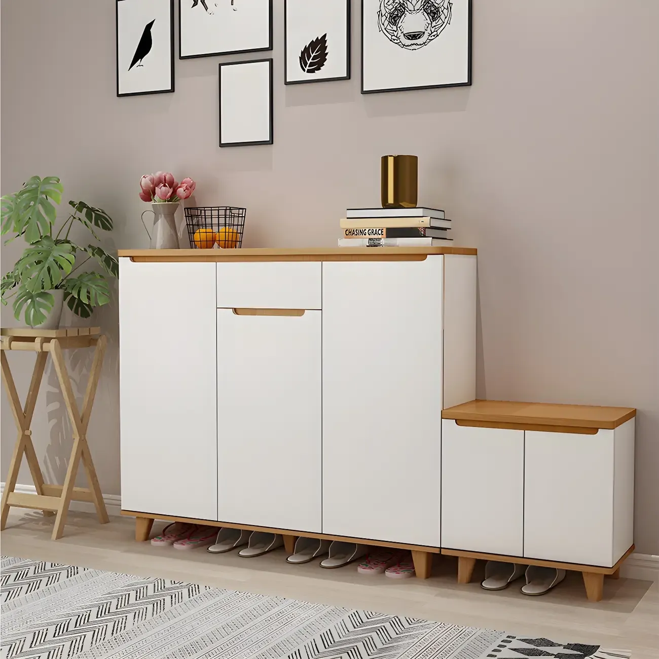 Entryway White Solid Wood Shoe Storage Cabinet Image - 6