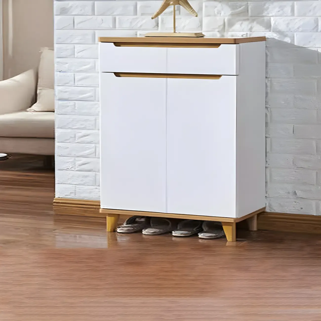 Entryway White Solid Wood Shoe Storage Cabinet Image - 7