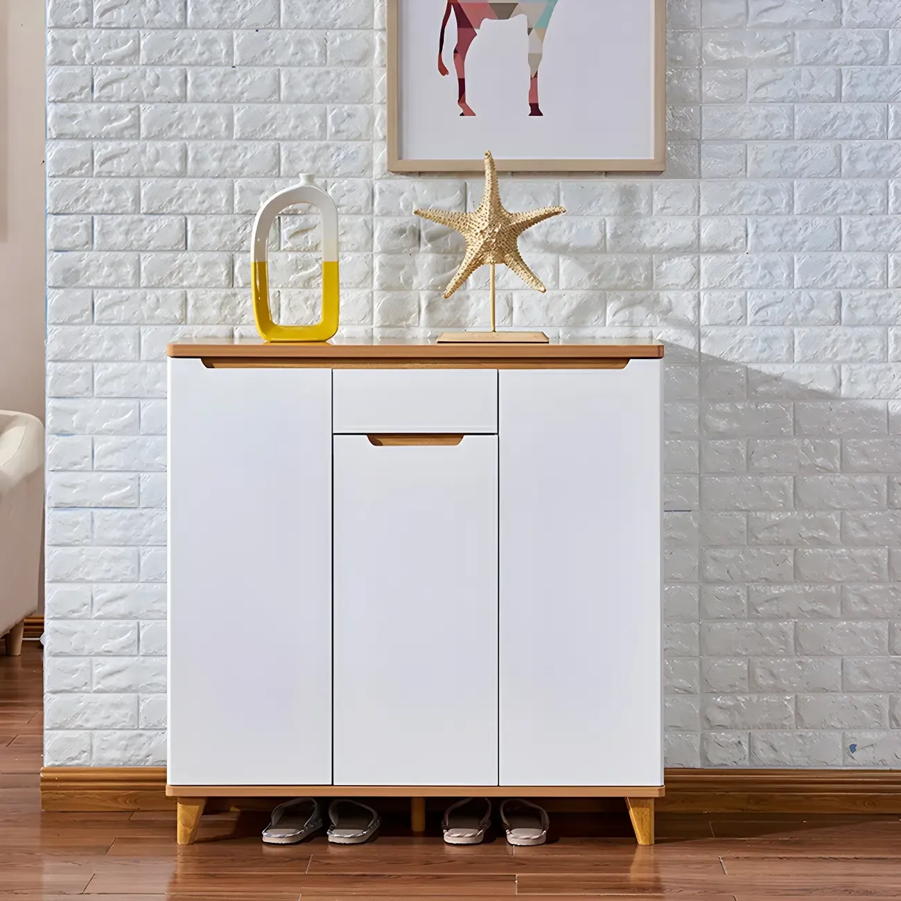 Entryway White Solid Wood Shoe Storage Cabinet Image - 12
