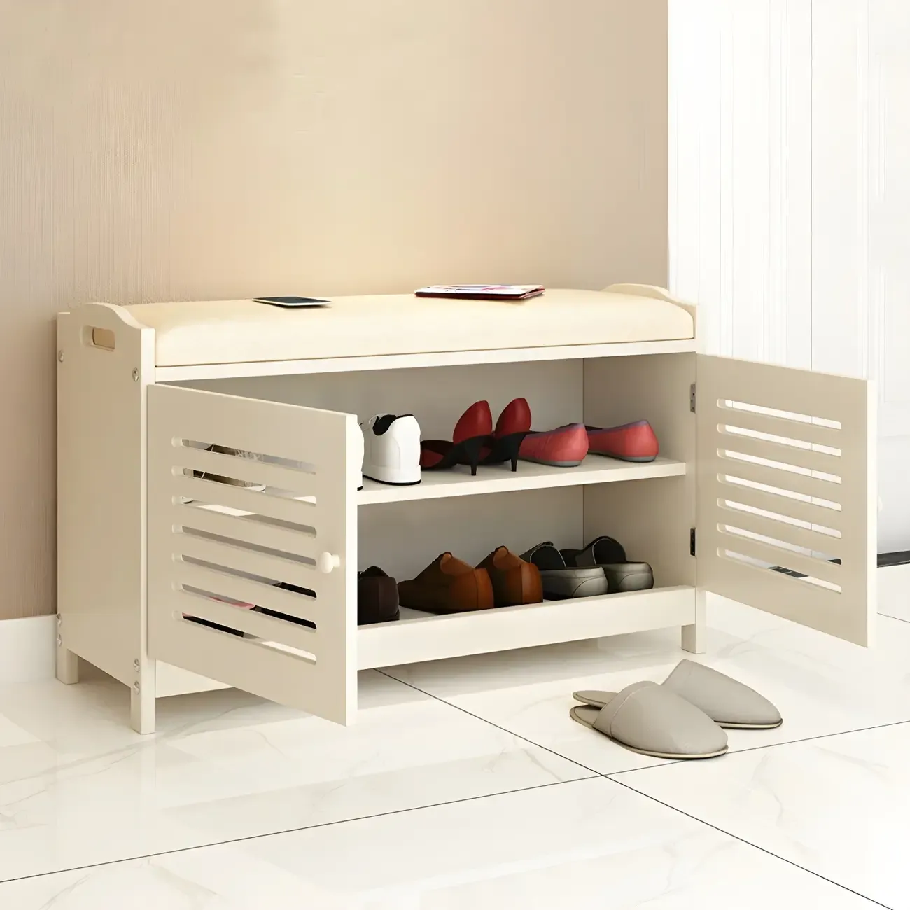 White Shutter Door Shoe Storage Bench Entryway Cabinet Image - 1