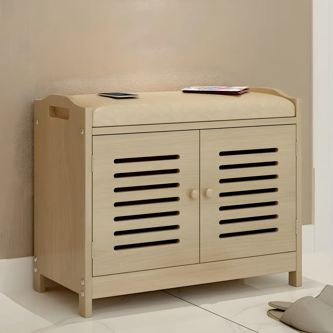 White Shutter Door Shoe Storage Bench Entryway Cabinet Image - 2 | homeyfad