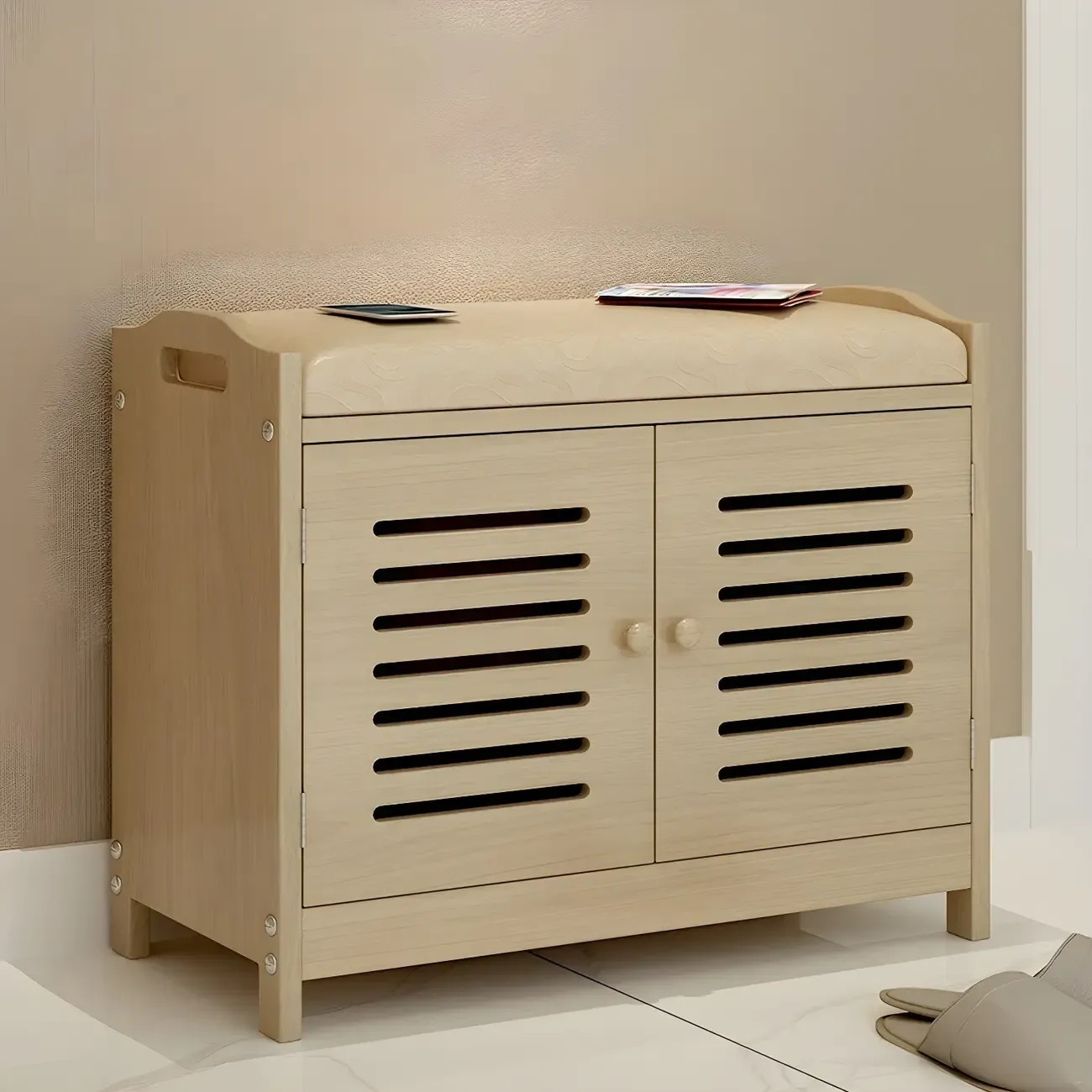 White Shutter Door Shoe Storage Bench Entryway Cabinet Image - 2