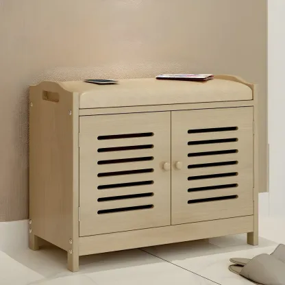 White Shutter Door Shoe Storage Bench Entryway Cabinet Image - 2