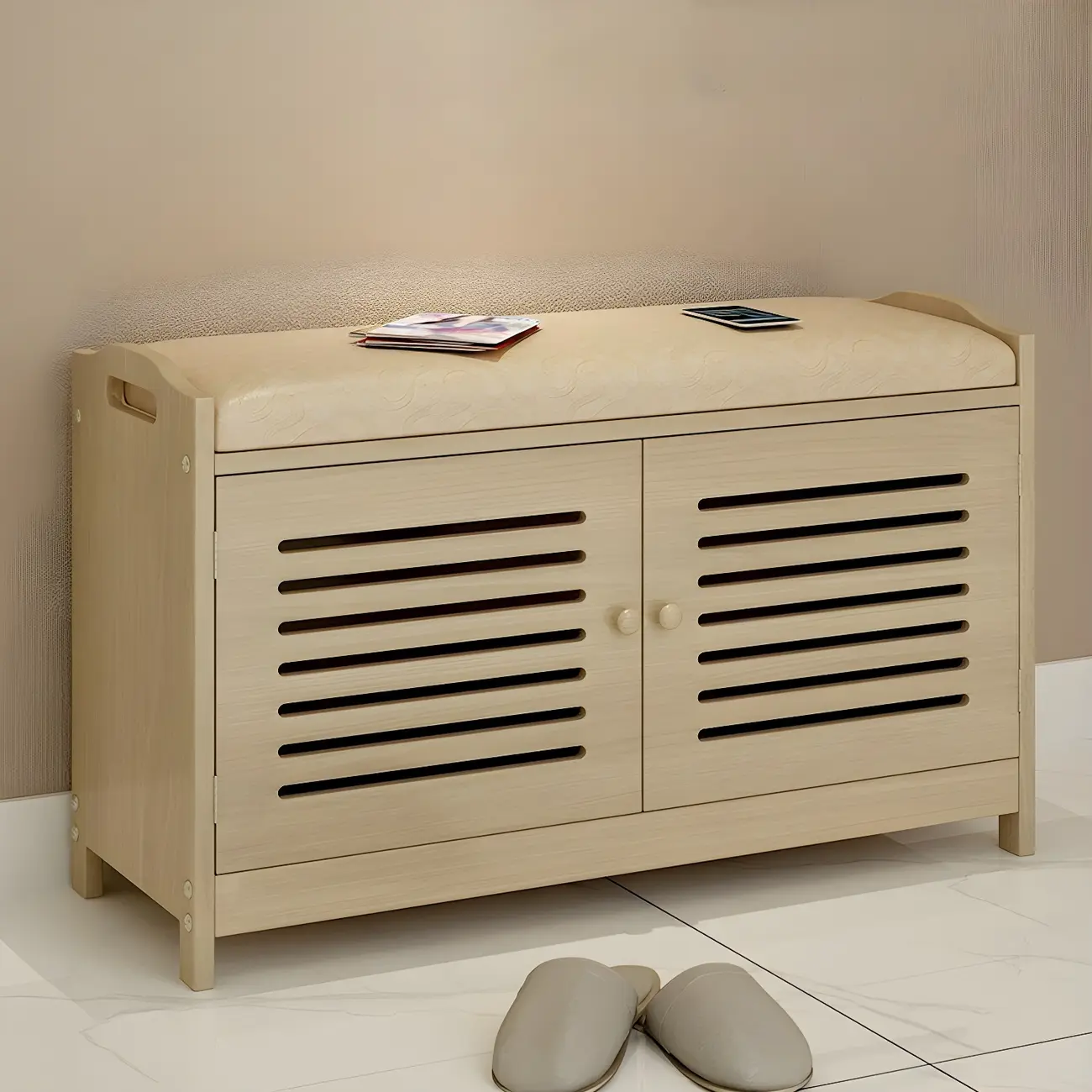 White Shutter Door Shoe Storage Bench Entryway Cabinet Image - 3 | homeyfad