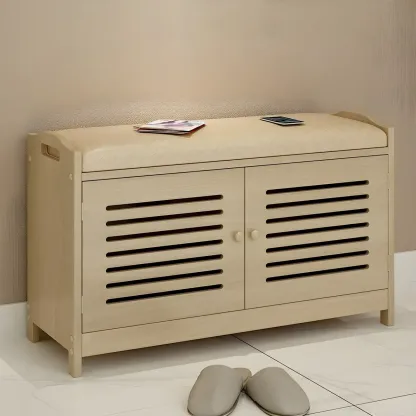 White Shutter Door Shoe Storage Bench Entryway Cabinet Image - 3