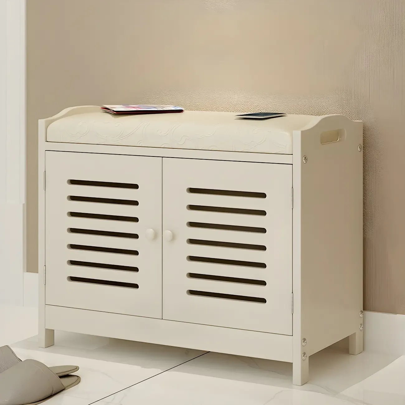 White Shutter Door Shoe Storage Bench Entryway Cabinet Image - 4