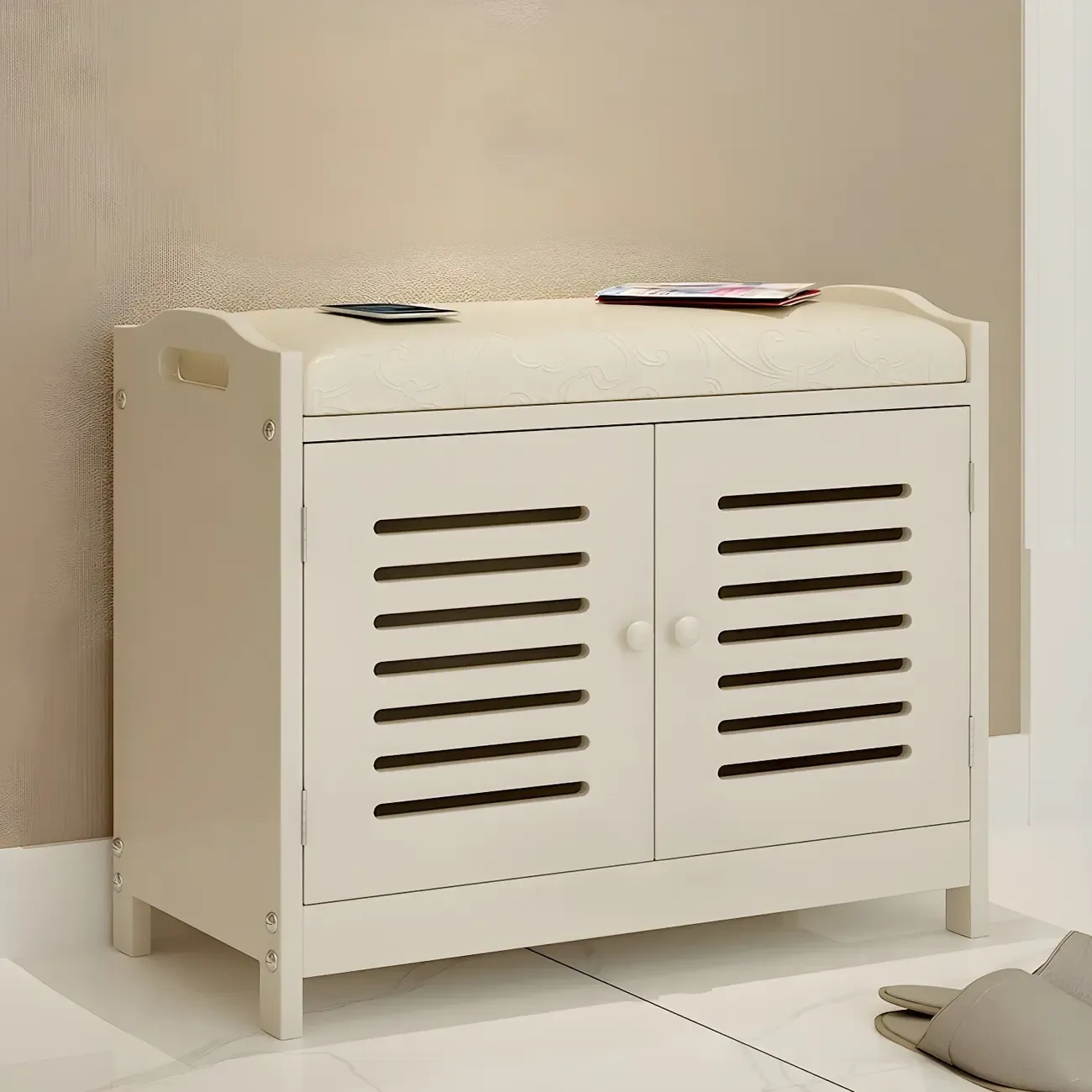 White Shutter Door Shoe Storage Bench Entryway Cabinet Image - 5