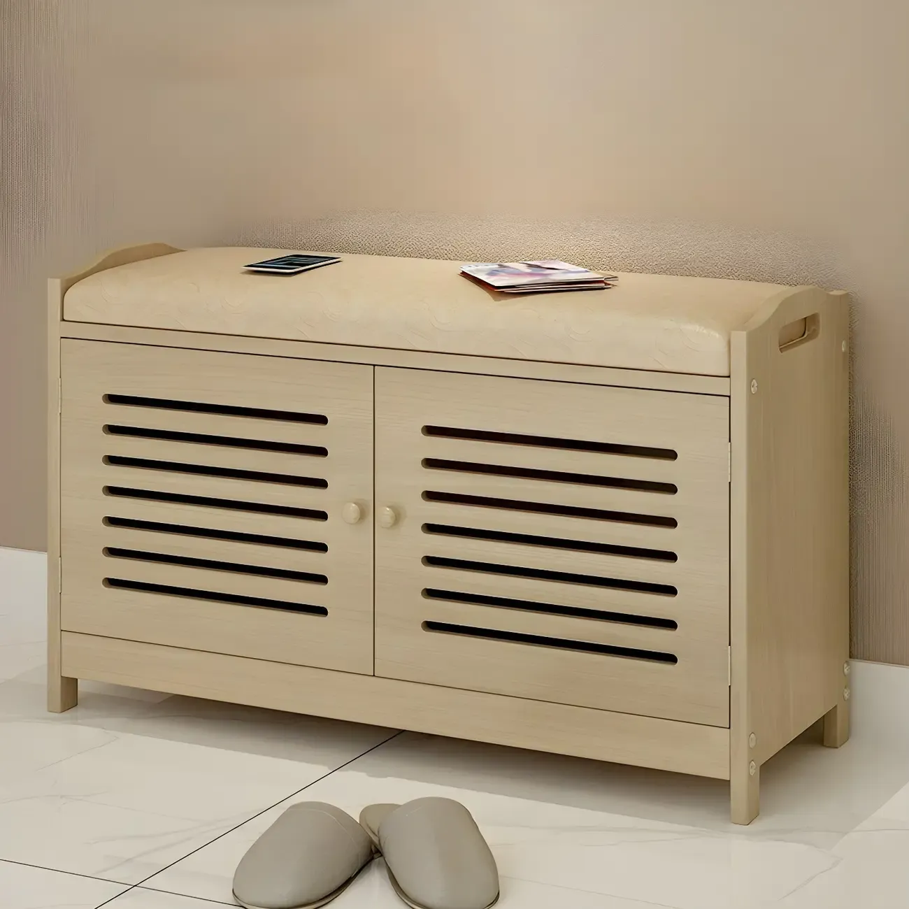 White Shutter Door Shoe Storage Bench Entryway Cabinet Image - 6