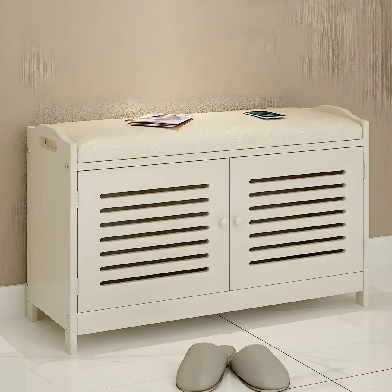 White Shutter Door Shoe Storage Bench Entryway Cabinet Image - 7