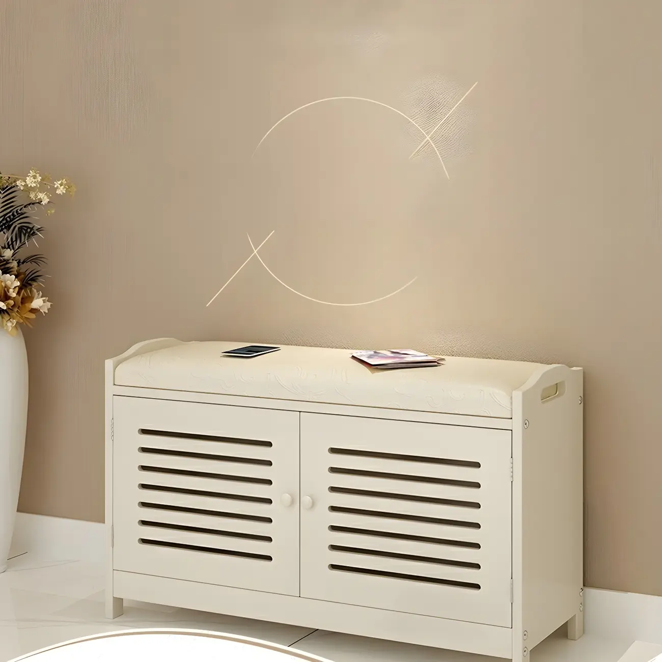 White Shutter Door Shoe Storage Bench Entryway Cabinet Image - 8 | homeyfad