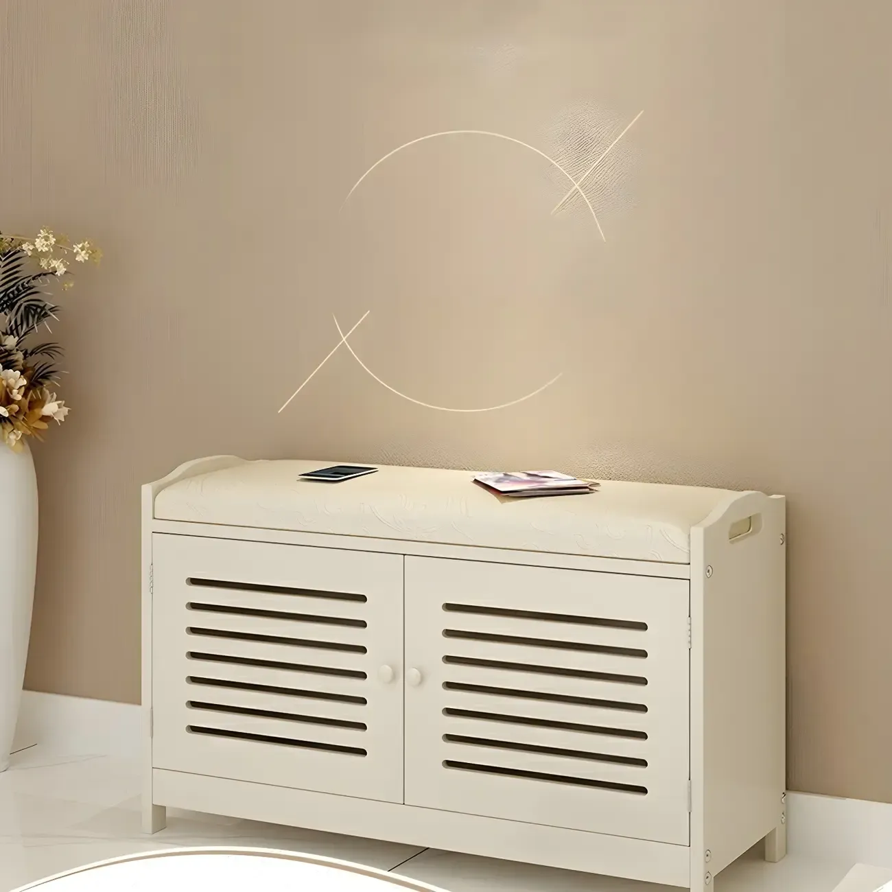 White Shutter Door Shoe Storage Bench Entryway Cabinet Image - 8