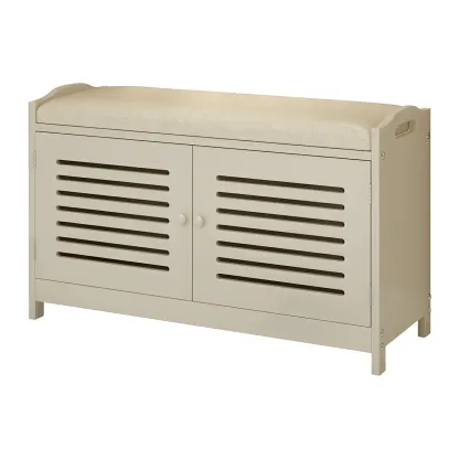 White Shutter Door Shoe Storage Bench Entryway Cabinet Image - 9
