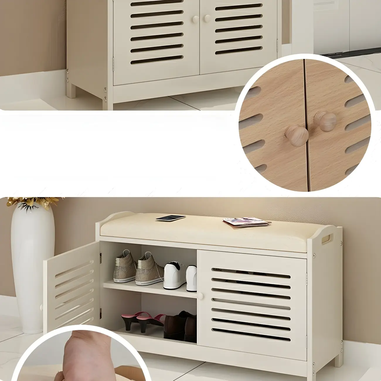 White Shutter Door Shoe Storage Bench Entryway Cabinet Image - 11 | homeyfad