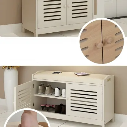 White Shutter Door Shoe Storage Bench Entryway Cabinet Image - 11