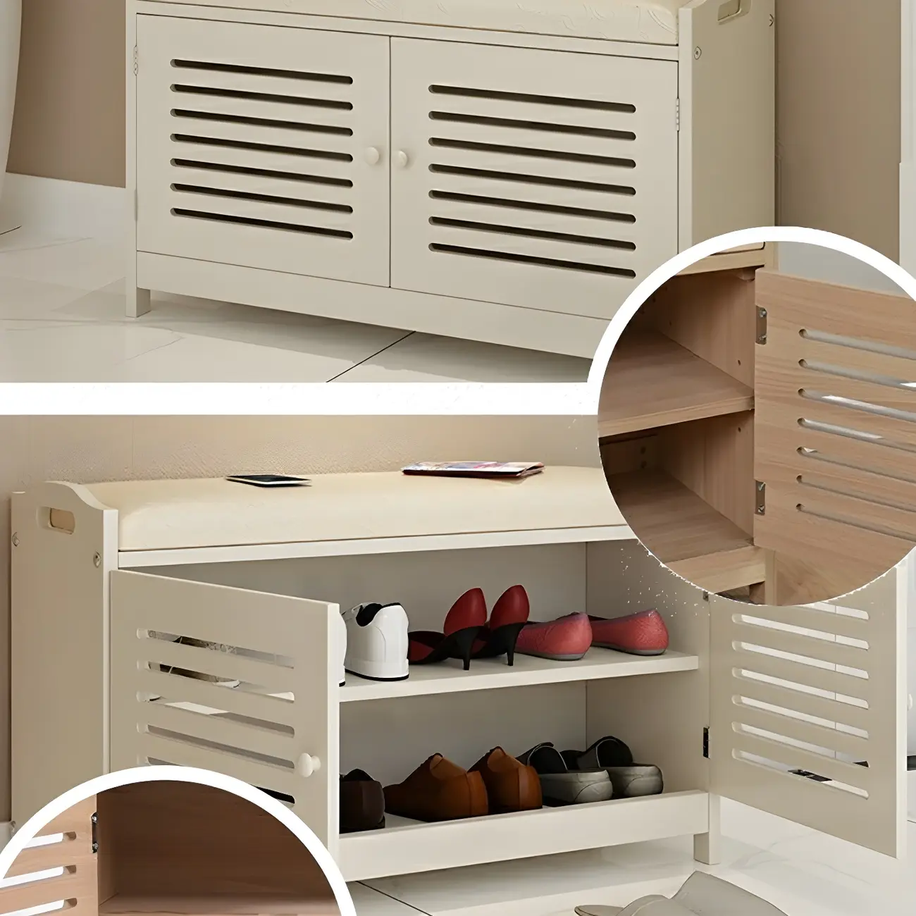 White Shutter Door Shoe Storage Bench Entryway Cabinet Image - 12 | homeyfad