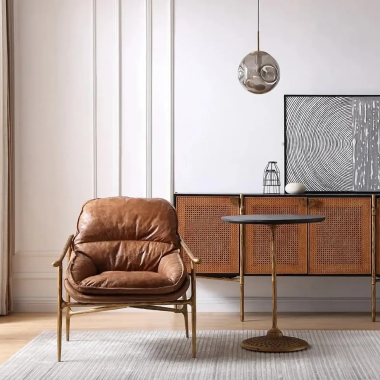 Mid-Century Modern Genuine Leather Accent Armchair Image - 2