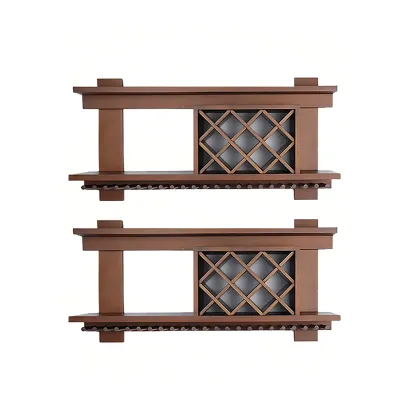 Pine Wooden Wall-Mounted Display Open Wine Bottle & Glass Rack Image - 47