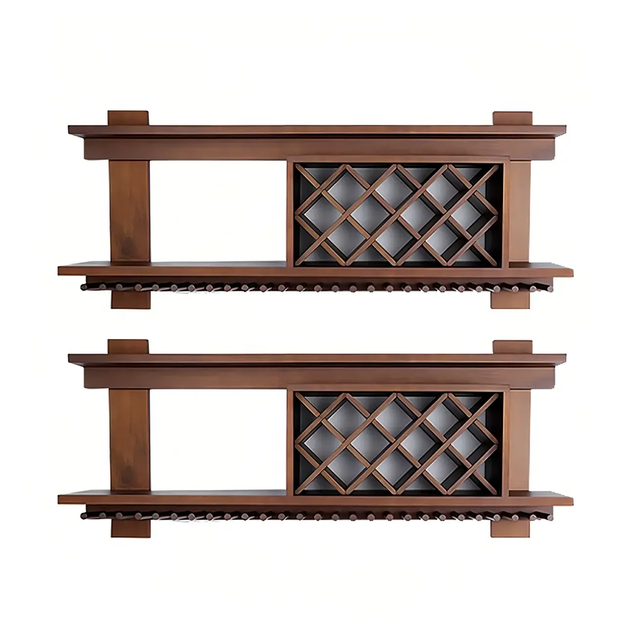 Pine Wooden Wall-Mounted Display Open Wine Bottle & Glass Rack Image - 53