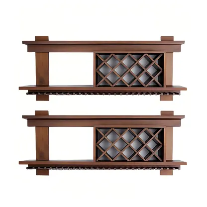 Pine Wooden Wall-Mounted Display Open Wine Bottle & Glass Rack Image - 53