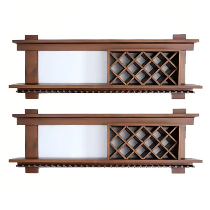 Pine Wooden Wall-Mounted Display Open Wine Bottle & Glass Rack Image - 59