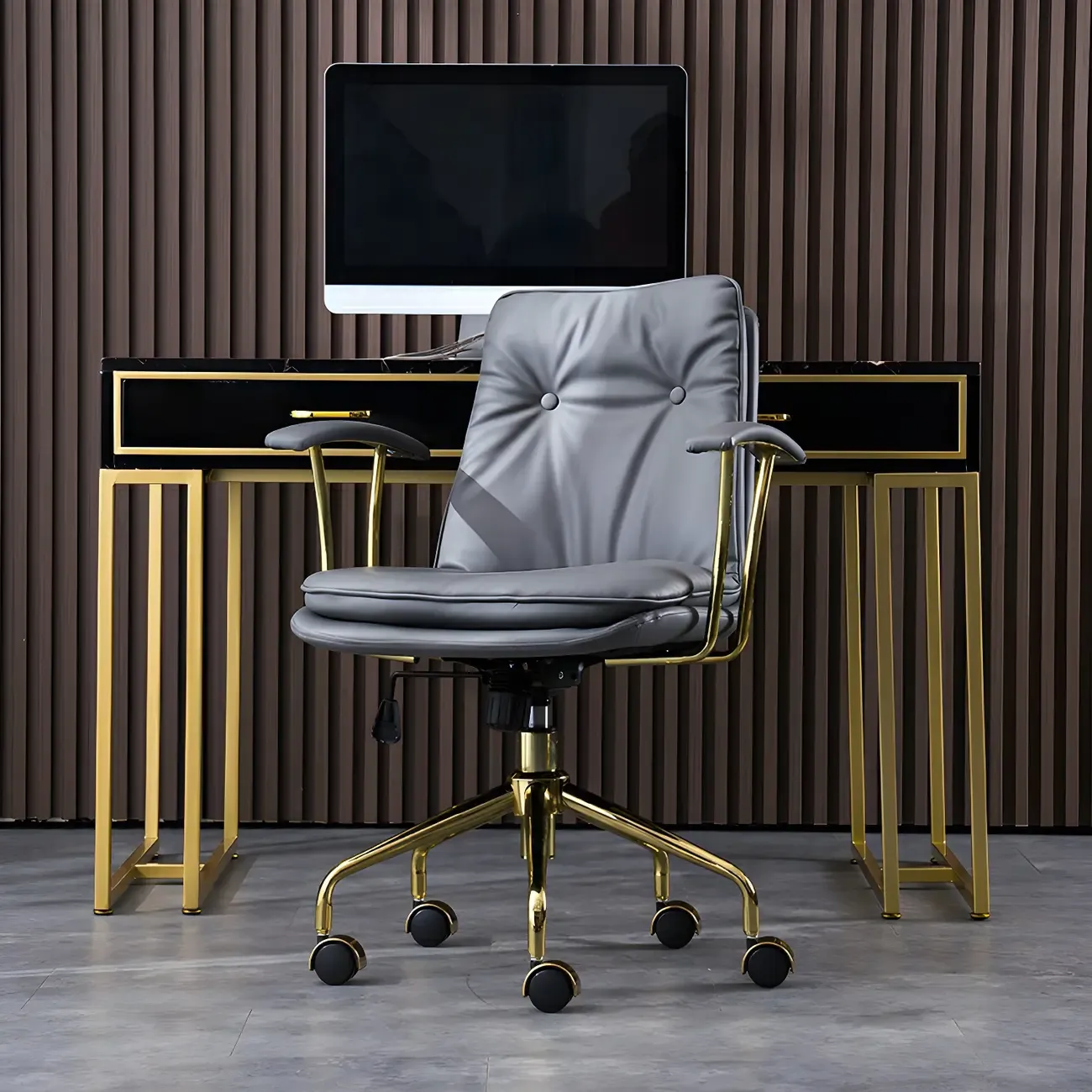 Gold Base Tufted Leather Adjustable Office Chair Image - 4