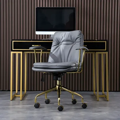 Gold Base Tufted Leather Adjustable Office Chair Image - 4