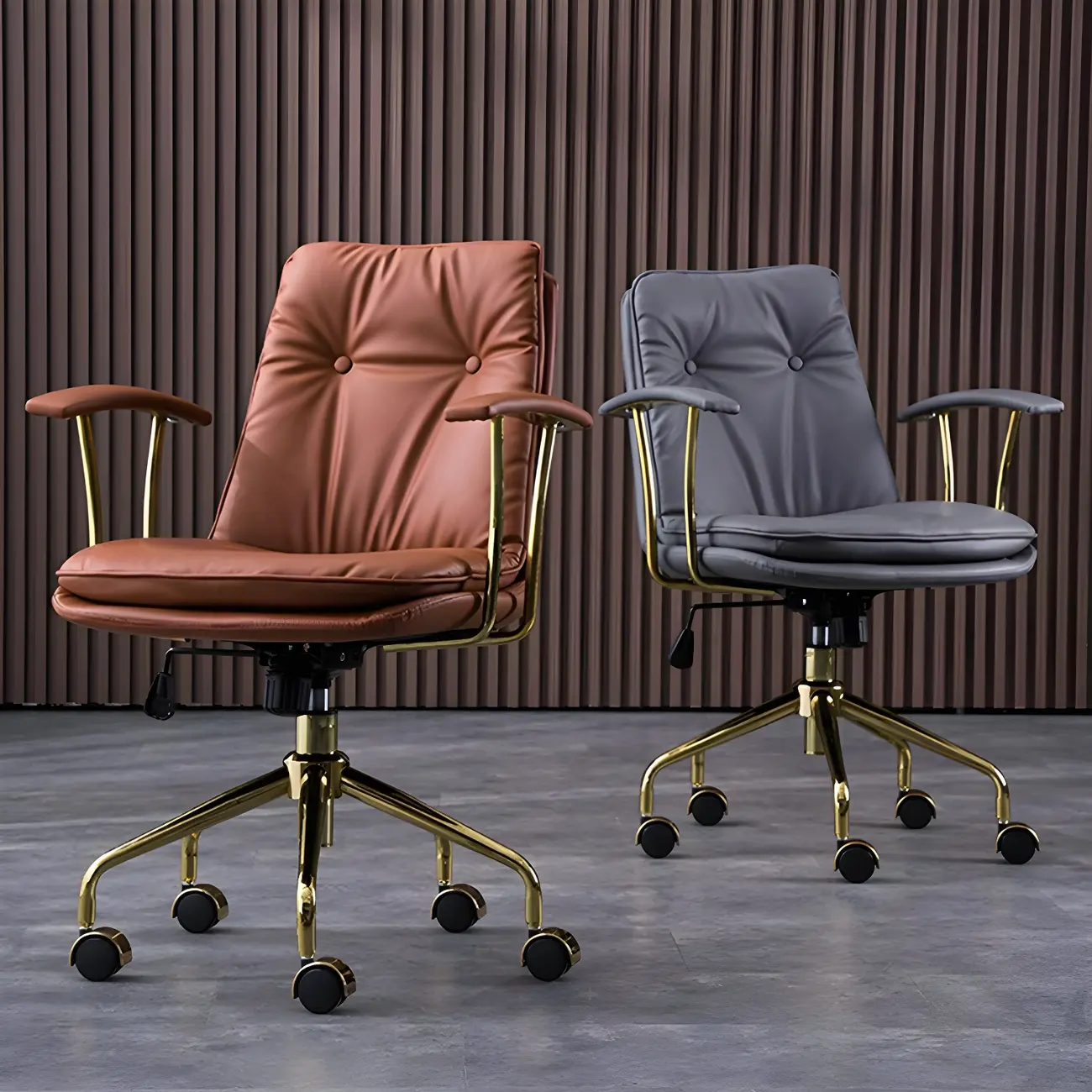 Gold Base Tufted Leather Adjustable Office Chair Image - 13 | homeyfad