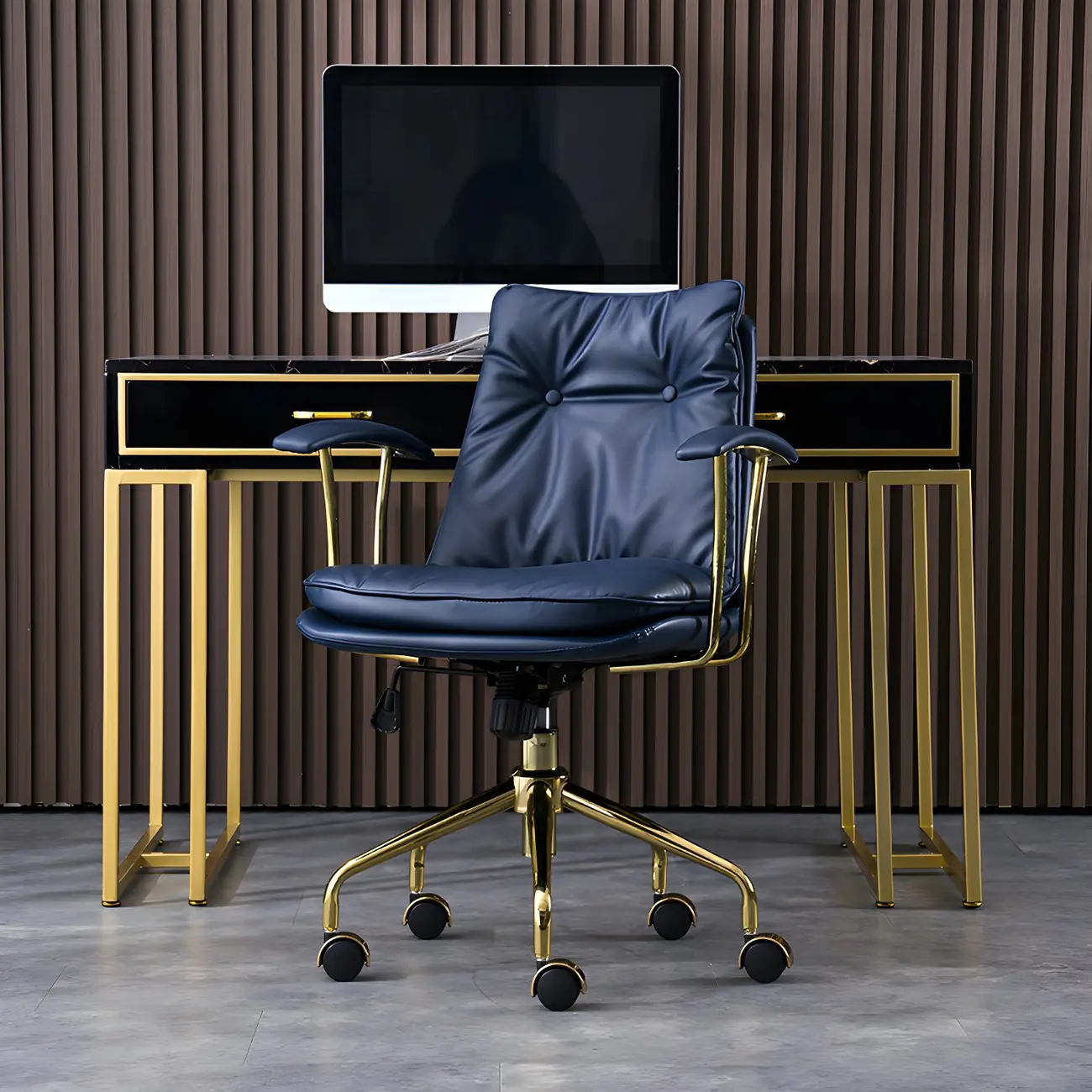 Gold Base Tufted Leather Adjustable Office Chair Image - 7 | homeyfad