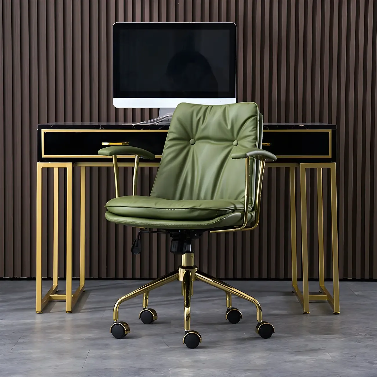 Gold Base Tufted Leather Adjustable Office Chair Image - 8