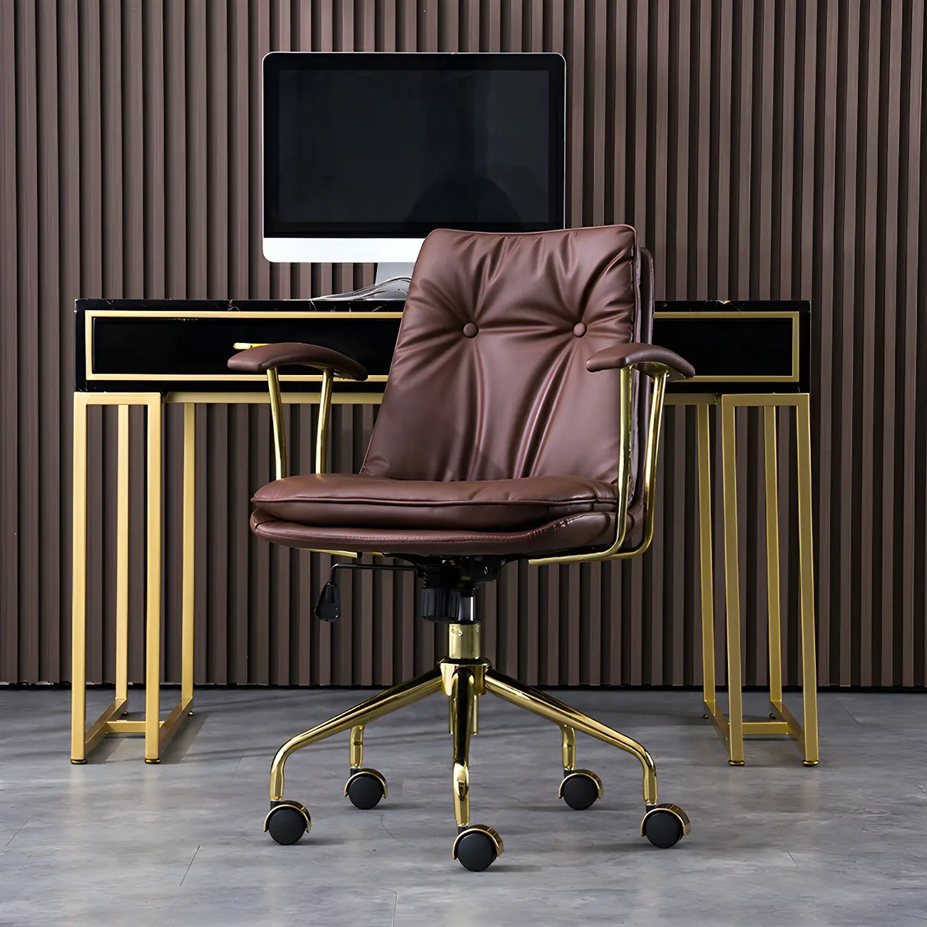 Gold Base Tufted Leather Adjustable Office Chair Image - 9 | homeyfad