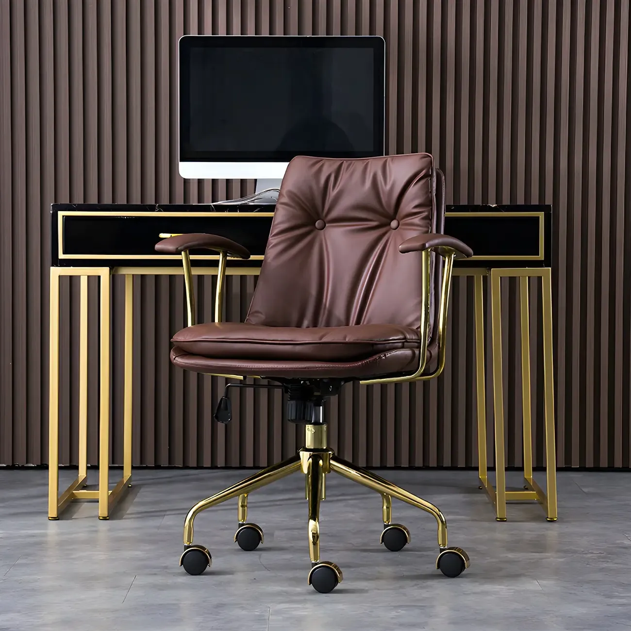 Gold Base Tufted Leather Adjustable Office Chair Image - 9