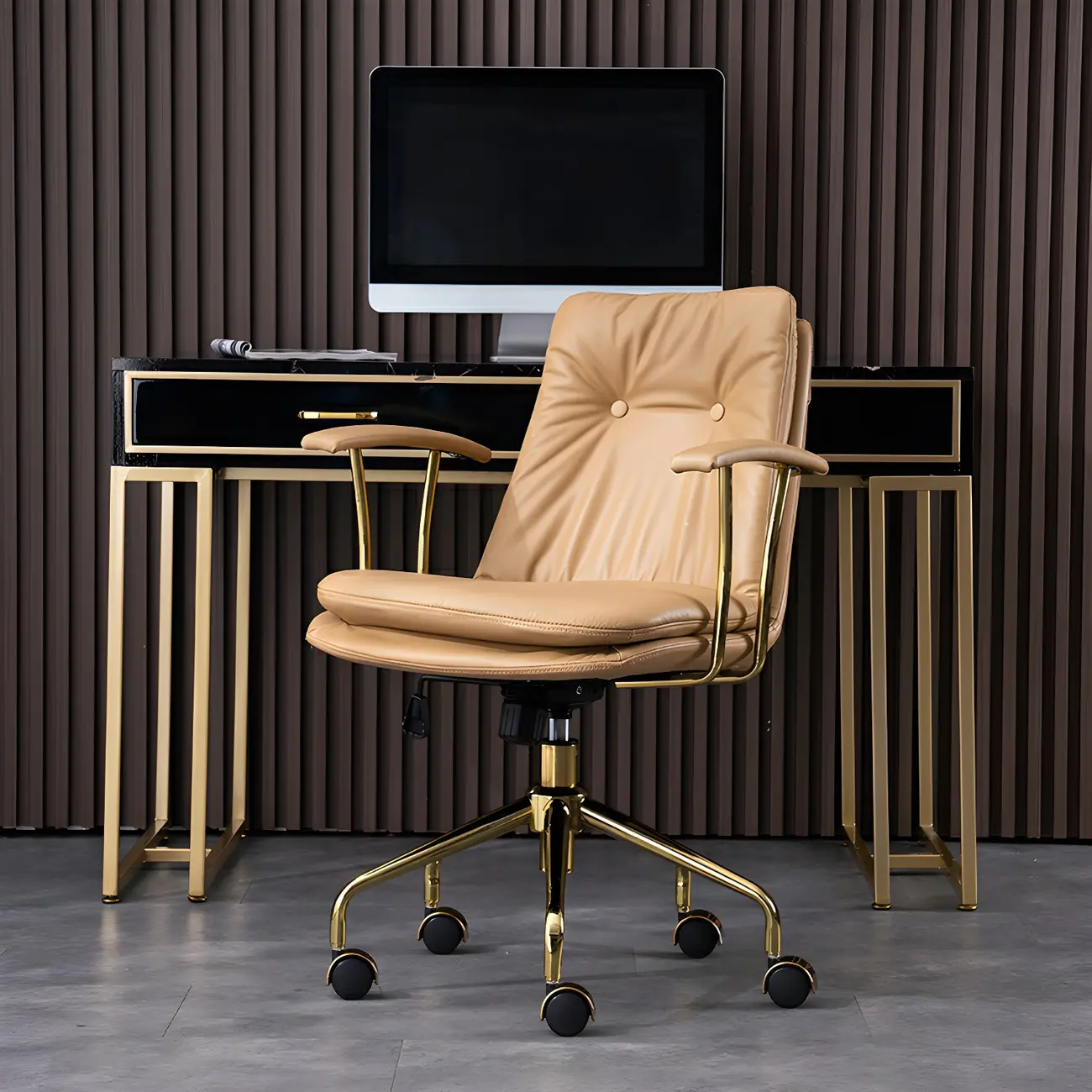 Gold Base Tufted Leather Adjustable Office Chair Image - 11 | homeyfad