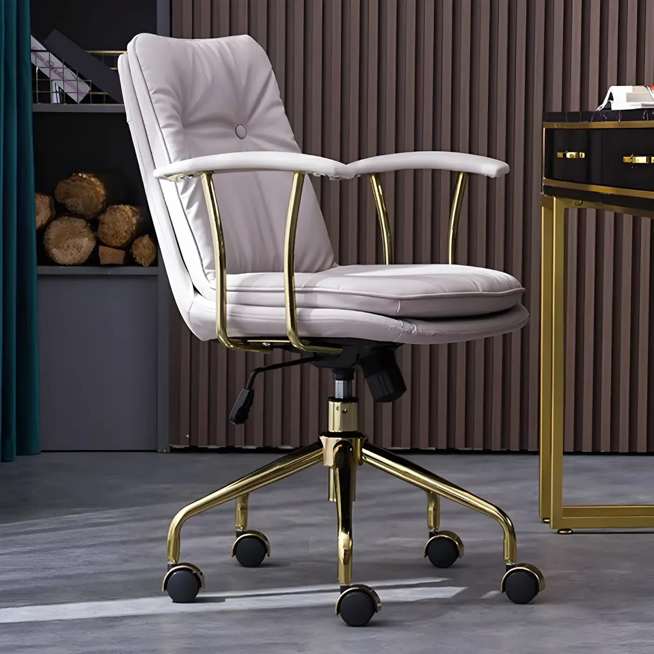 Gold Base Tufted Leather Adjustable Office Chair Image - 14