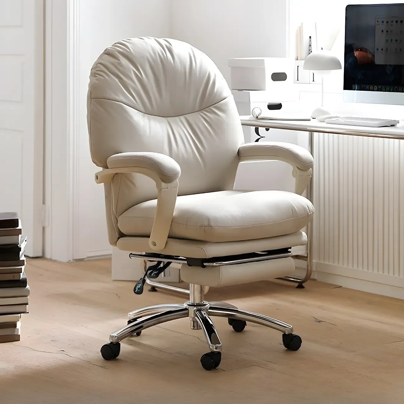 Elegant White Leather Casters Office Chair Image - 1