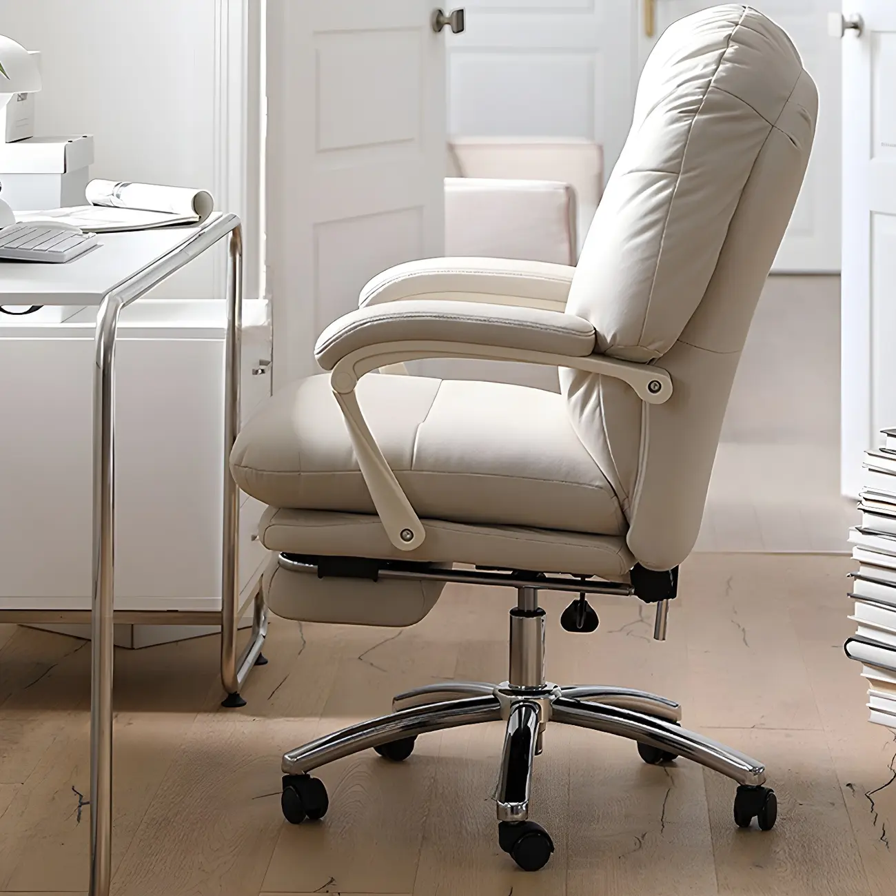 Elegant White Leather Casters Office Chair Image - 3 | homeyfad