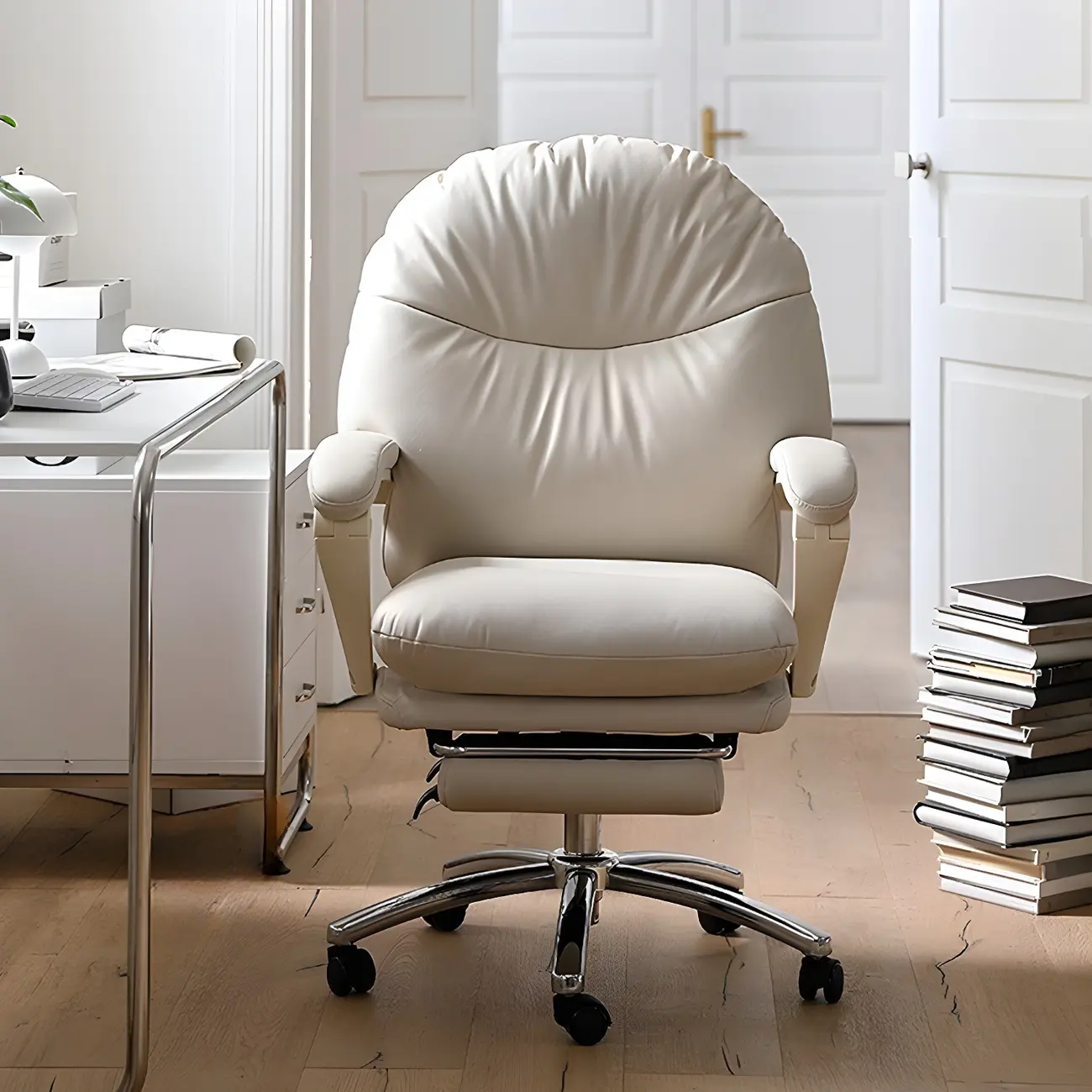 Elegant White Leather Casters Office Chair Image - 2 | homeyfad