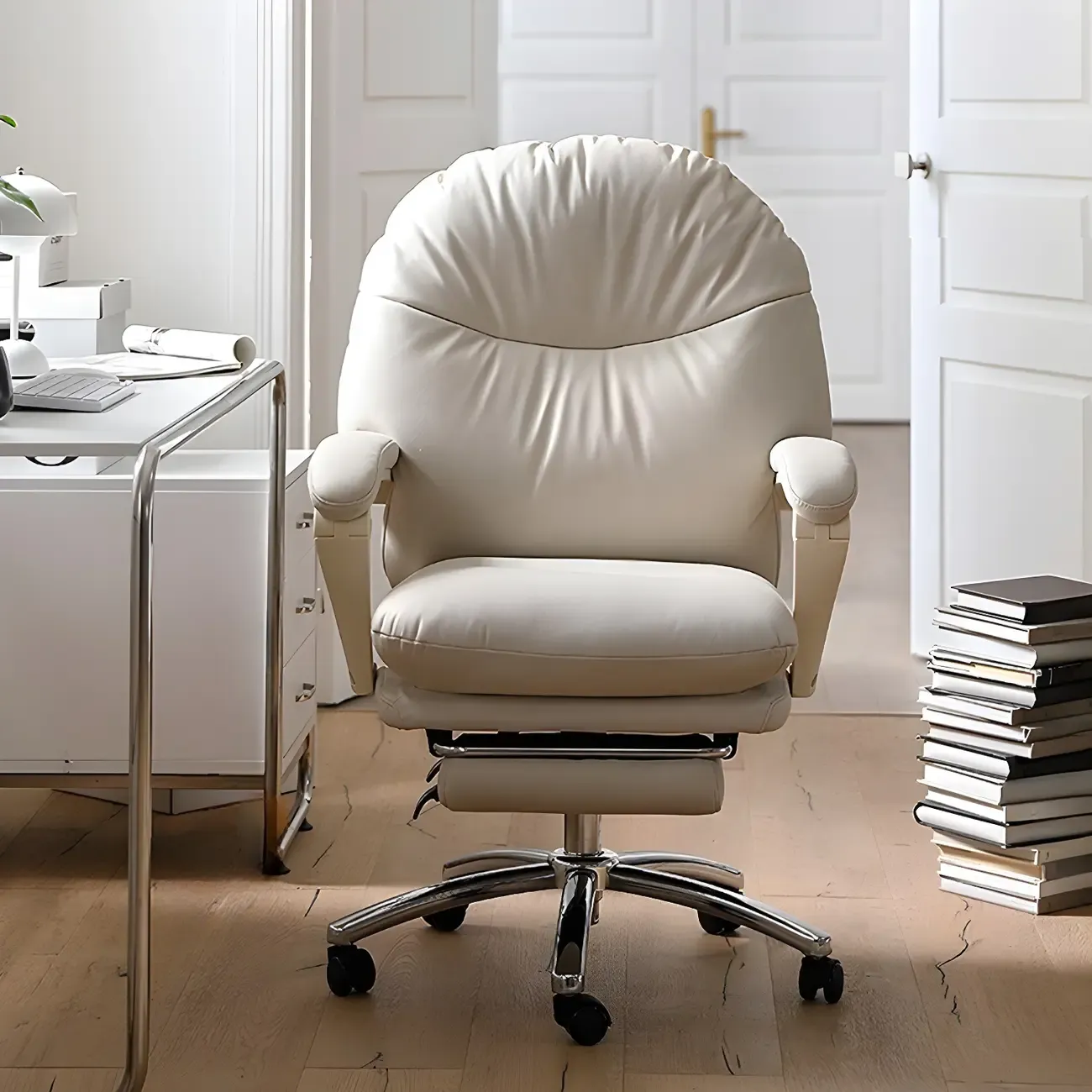 Elegant White Leather Casters Office Chair Image - 2