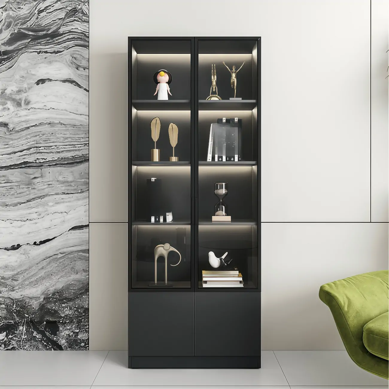Black Freestanding Wood Wine Cabinet with Glass Doors Image - 9 | homeyfad
