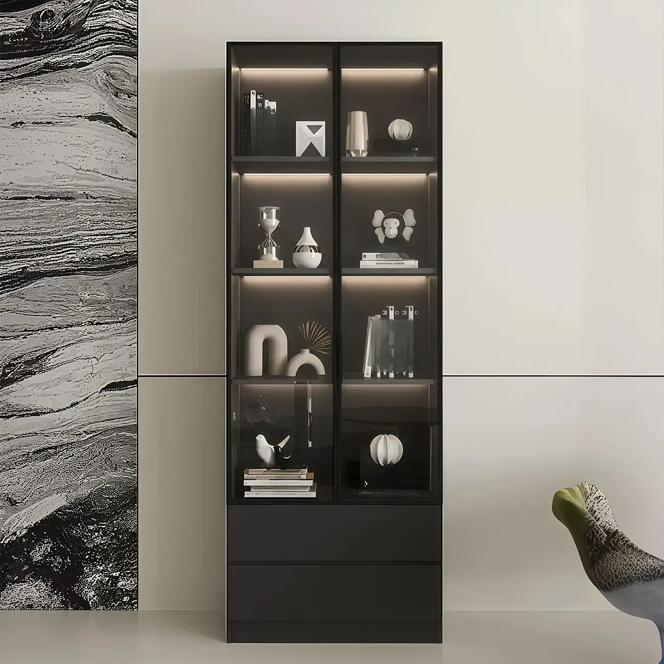 Black Freestanding Wood Wine Cabinet with Glass Doors Image - 1