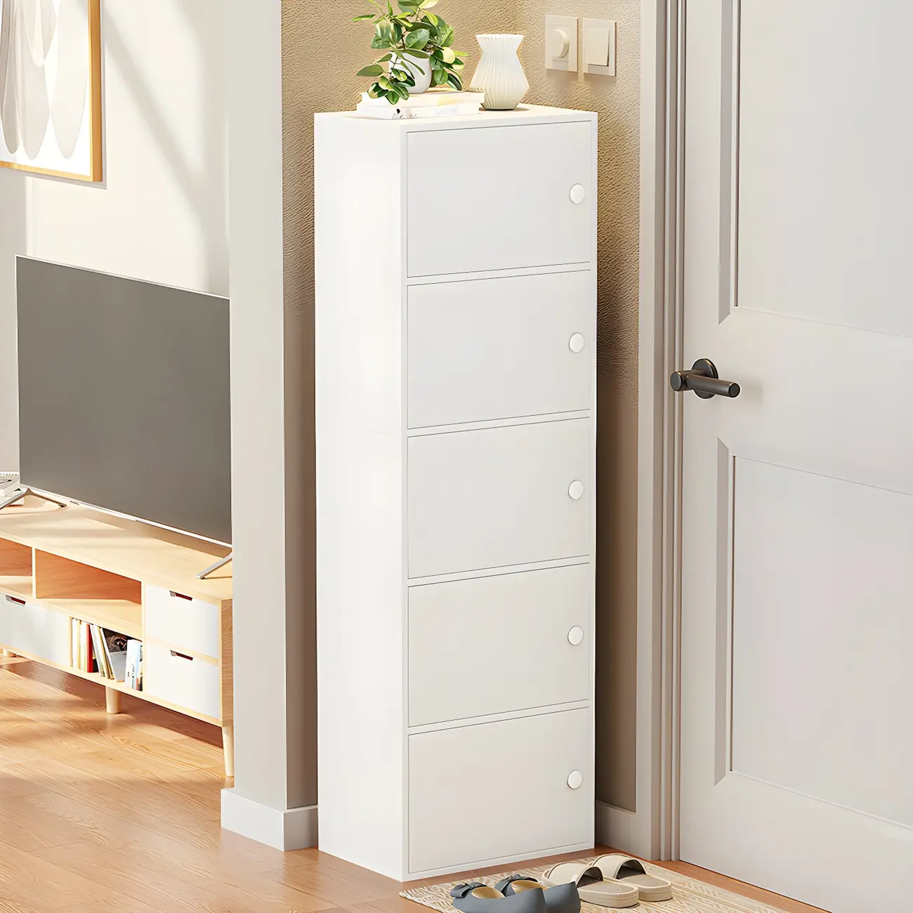 Modern White Tall Shoe Cabinet with Adjustable Shelves Image - 1 | homeyfad