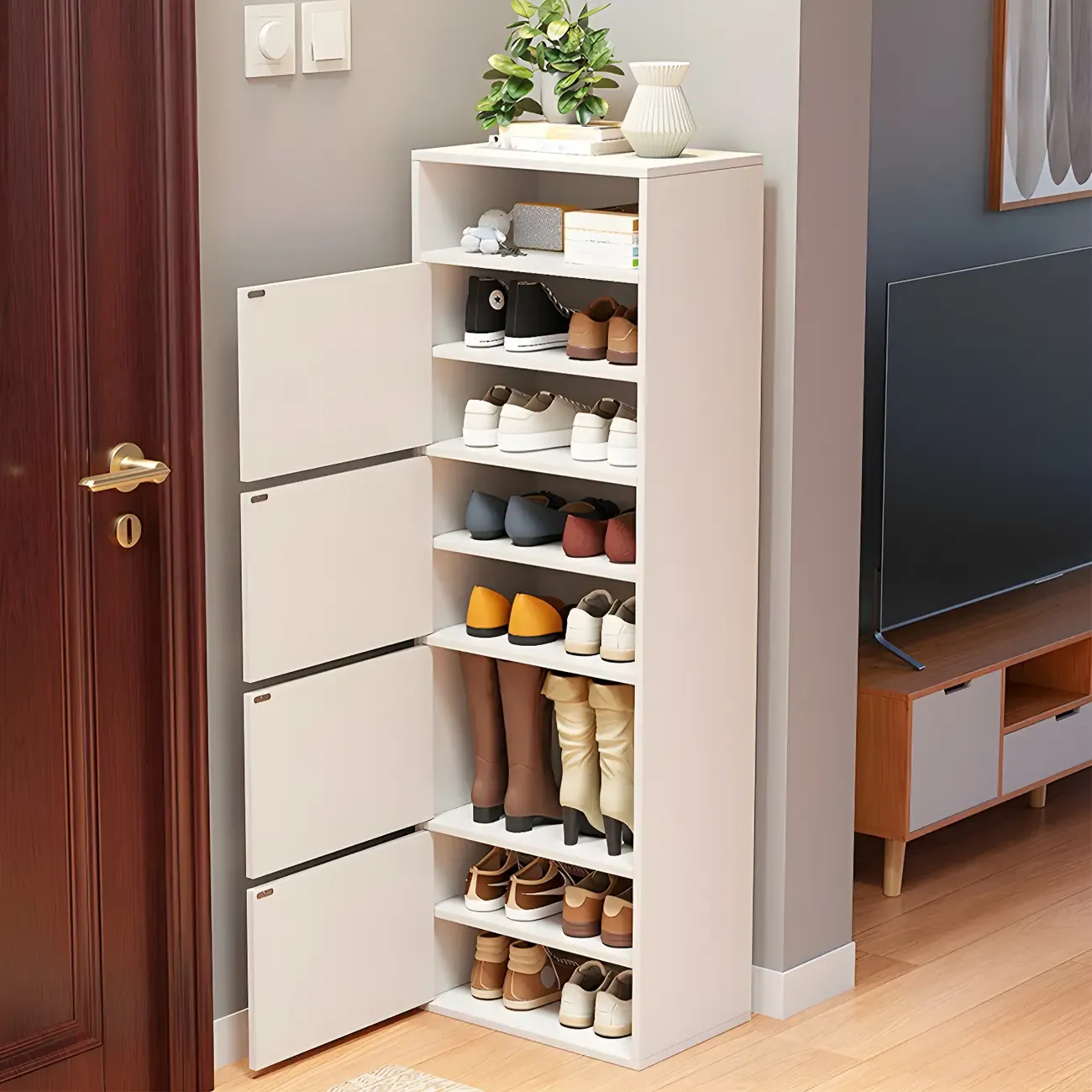 Modern White Tall Shoe Cabinet with Adjustable Shelves Image - 2
