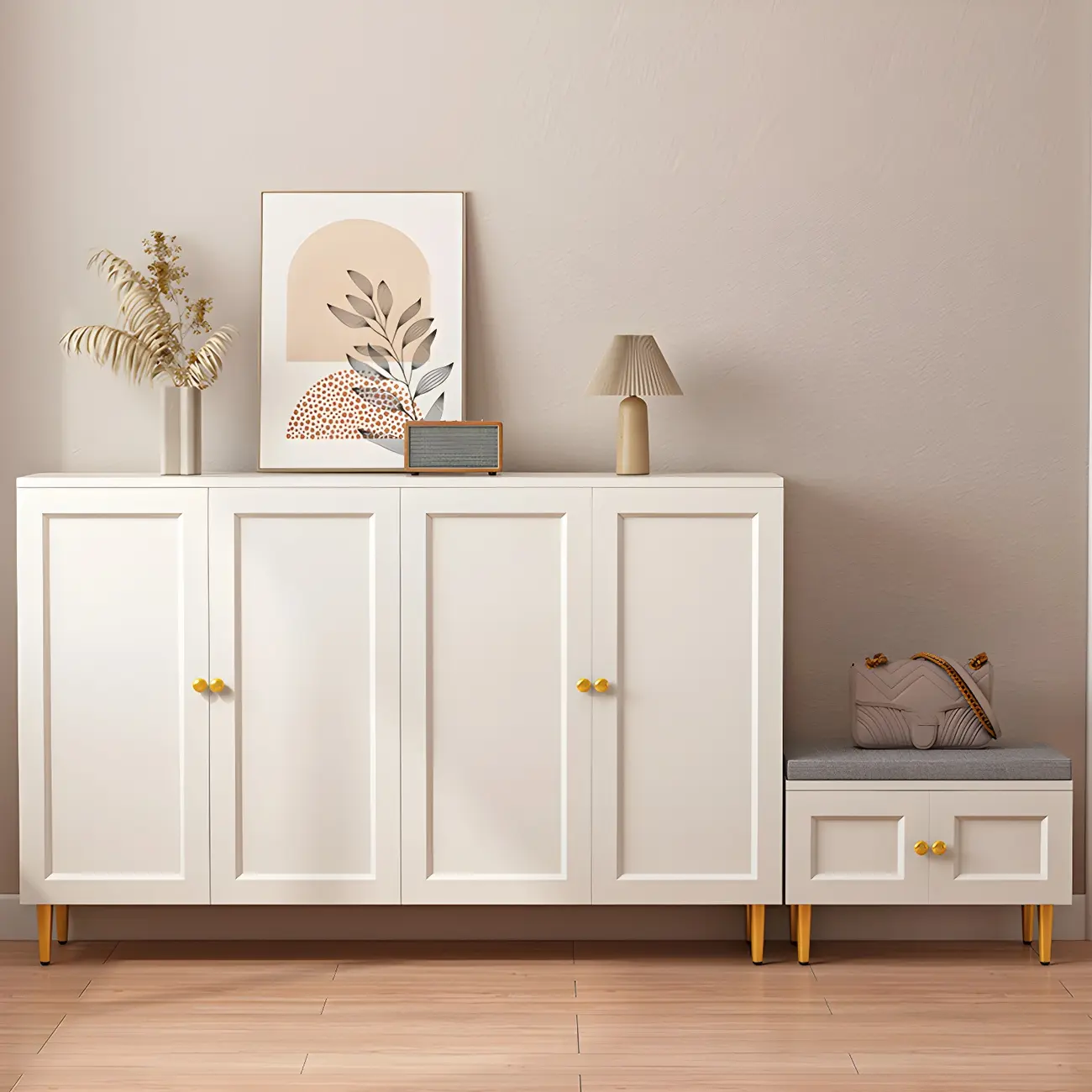 Cream Solid Wood Shoe Cabinet for Entryway with Doors Image - 1 | homeyfad