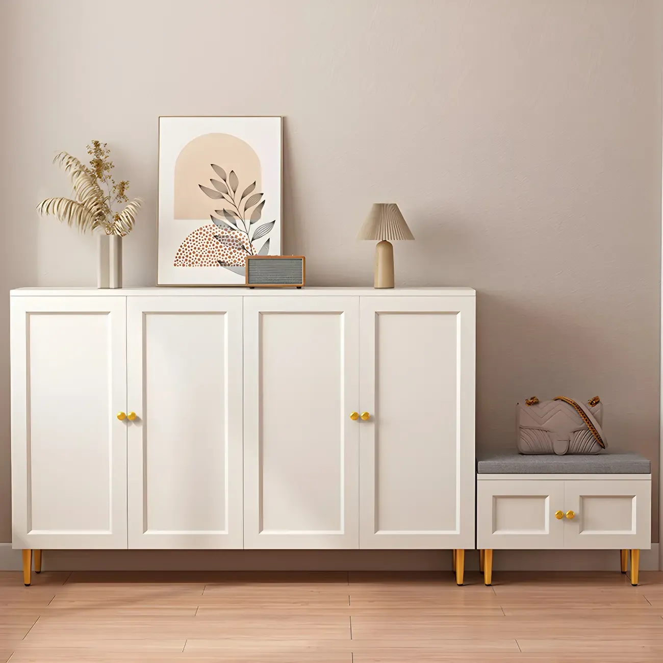 Cream Solid Wood Shoe Cabinet for Entryway with Doors Image - 1