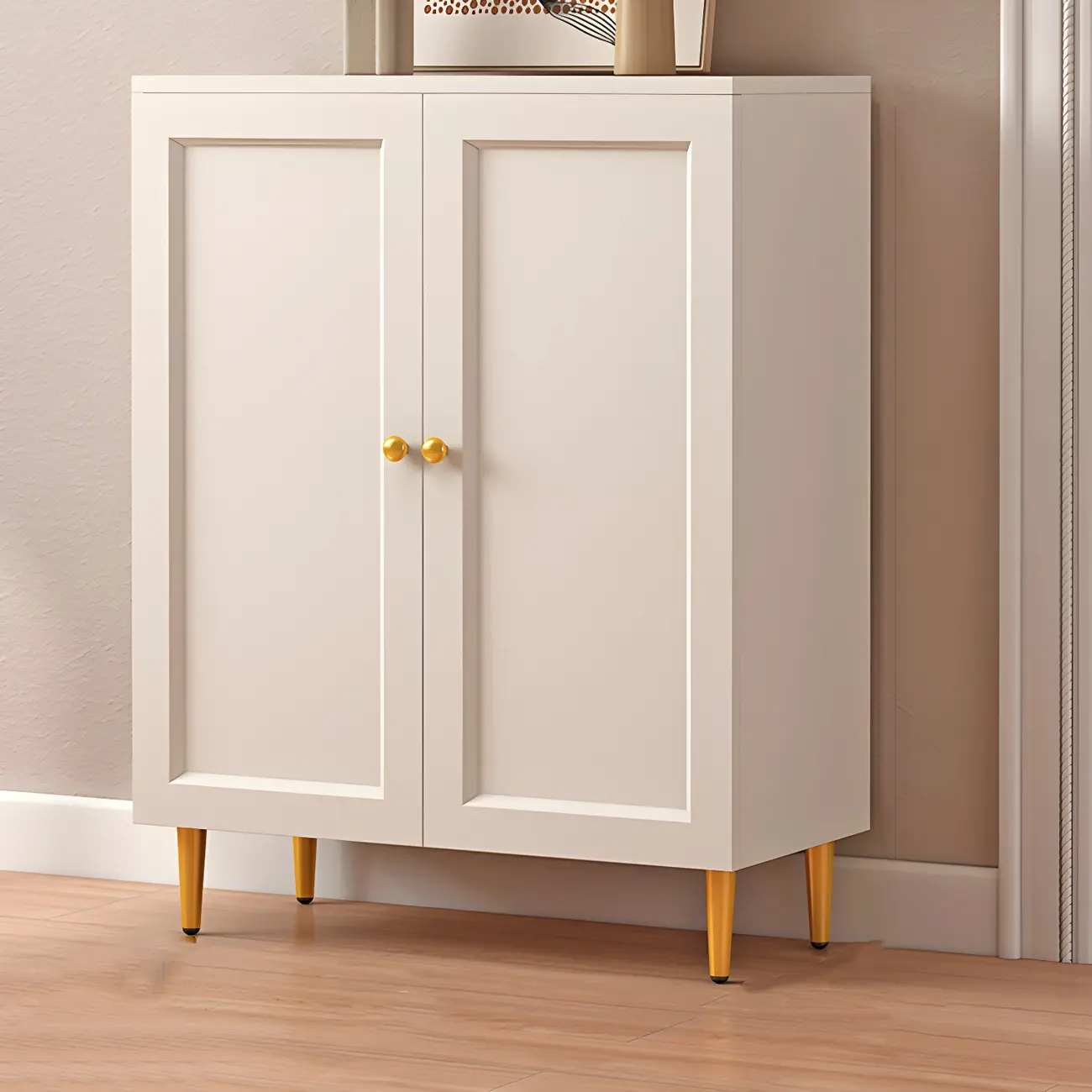 Cream Solid Wood Shoe Cabinet for Entryway with Doors Image - 4 | homeyfad