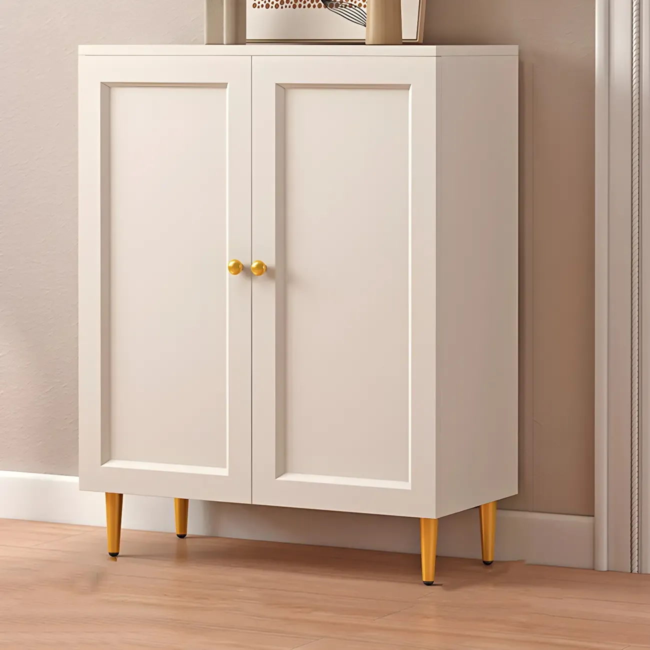 Cream Solid Wood Shoe Cabinet for Entryway with Doors Image - 4