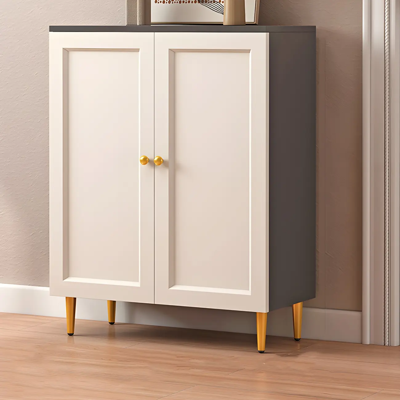 Cream Solid Wood Shoe Cabinet for Entryway with Doors Image - 5 | homeyfad