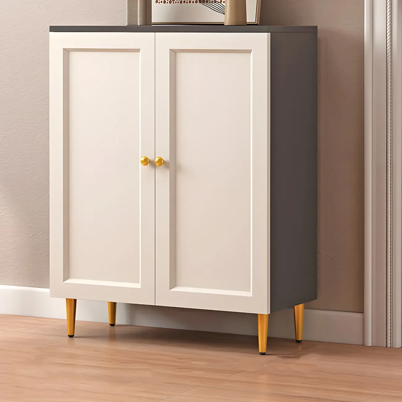 Cream Solid Wood Shoe Cabinet for Entryway with Doors Image - 5