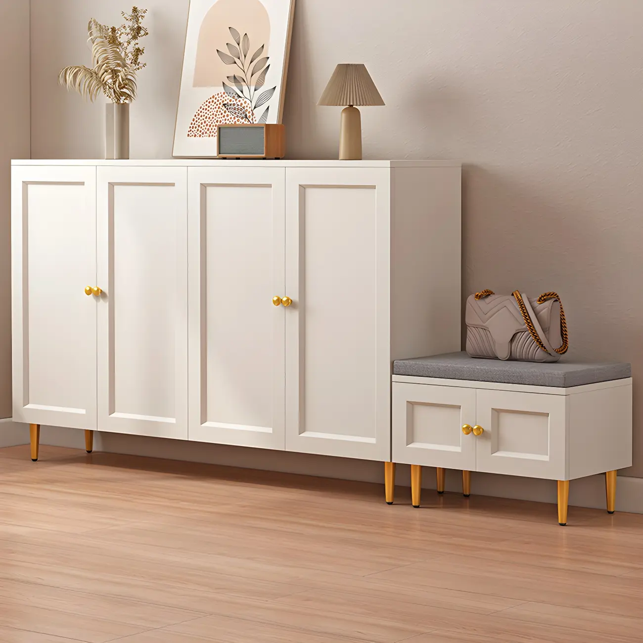 Cream Solid Wood Shoe Cabinet for Entryway with Doors Image - 3 | homeyfad