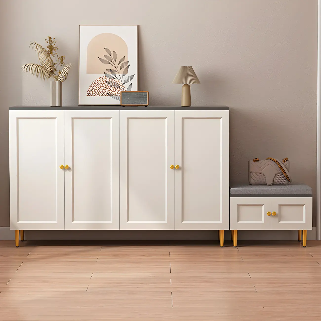 Cream Solid Wood Shoe Cabinet for Entryway with Doors Image - 6 | homeyfad