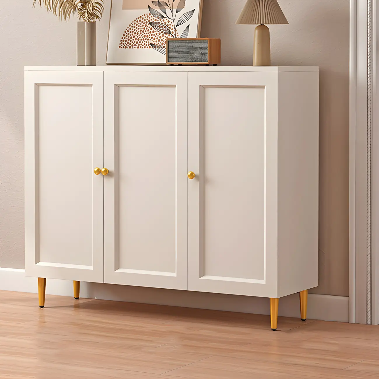 Cream Solid Wood Shoe Cabinet for Entryway with Doors Image - 7 | homeyfad